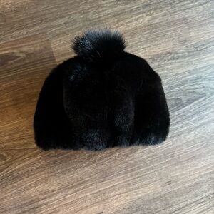 Adrienne Landau Luxe Black Fur Hat with Pom-Pom